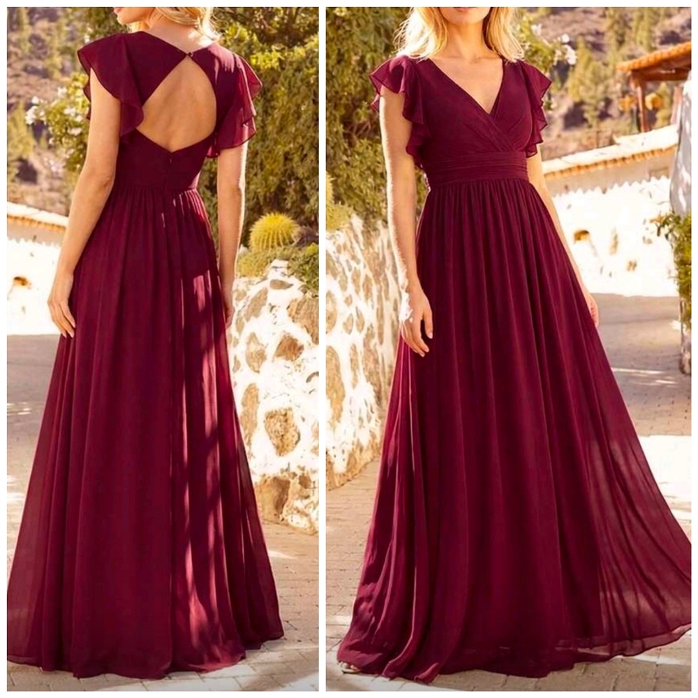 New Flowy Chiffon Open Back Wrap Top Maxi Gown Dress Flutter Sleeve Burgundy Red